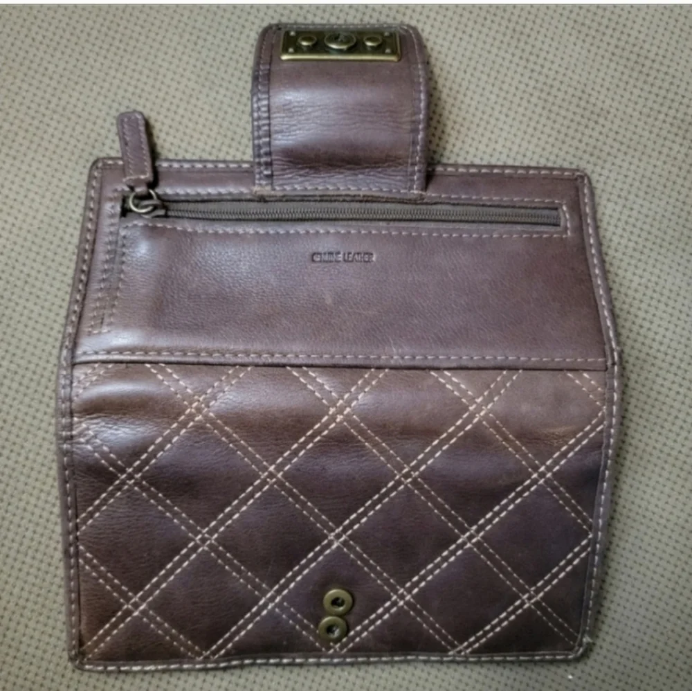 Fossil crosshatched embroidered slim brown leather snap wallet
